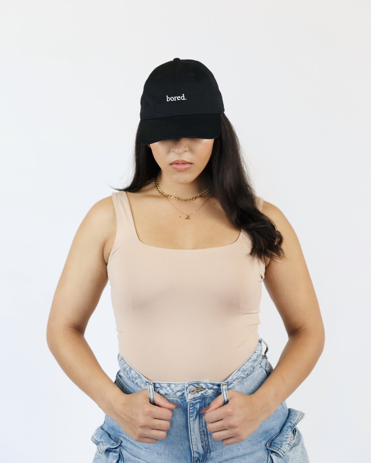 Model wearing the Bored Hat, close-up front view