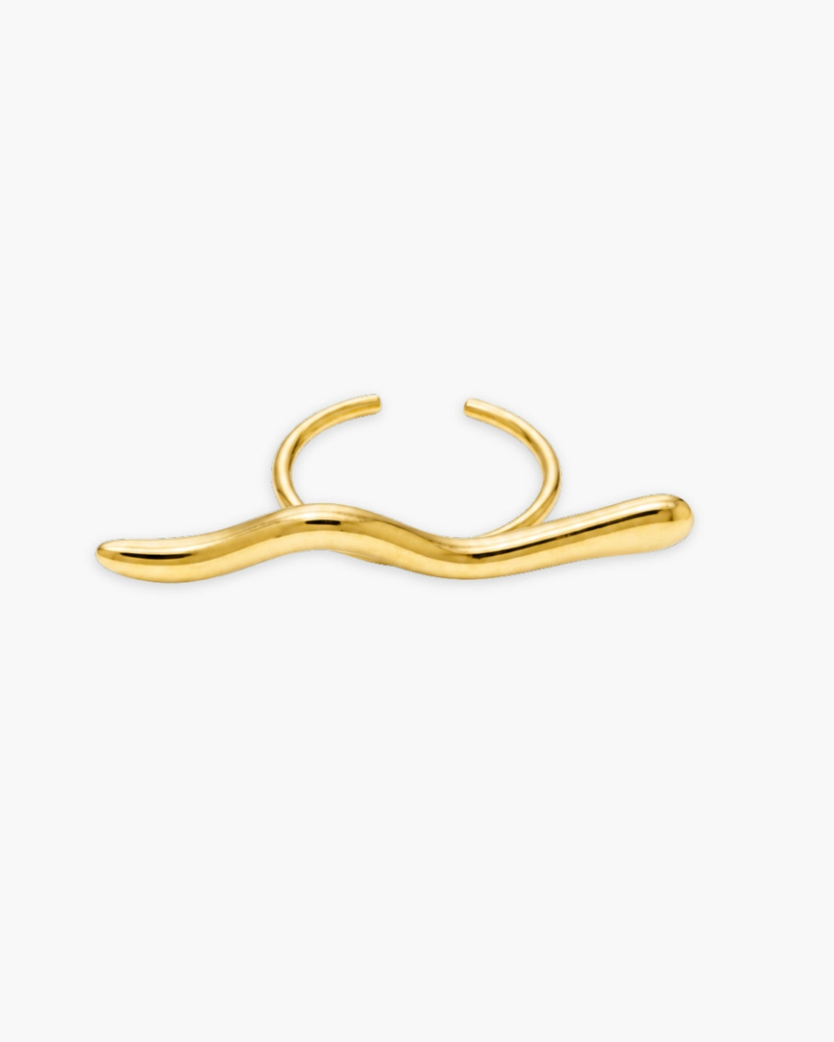 Polished gold-tone Amelia open ring with an elongated sculptural wave bar on a white background.