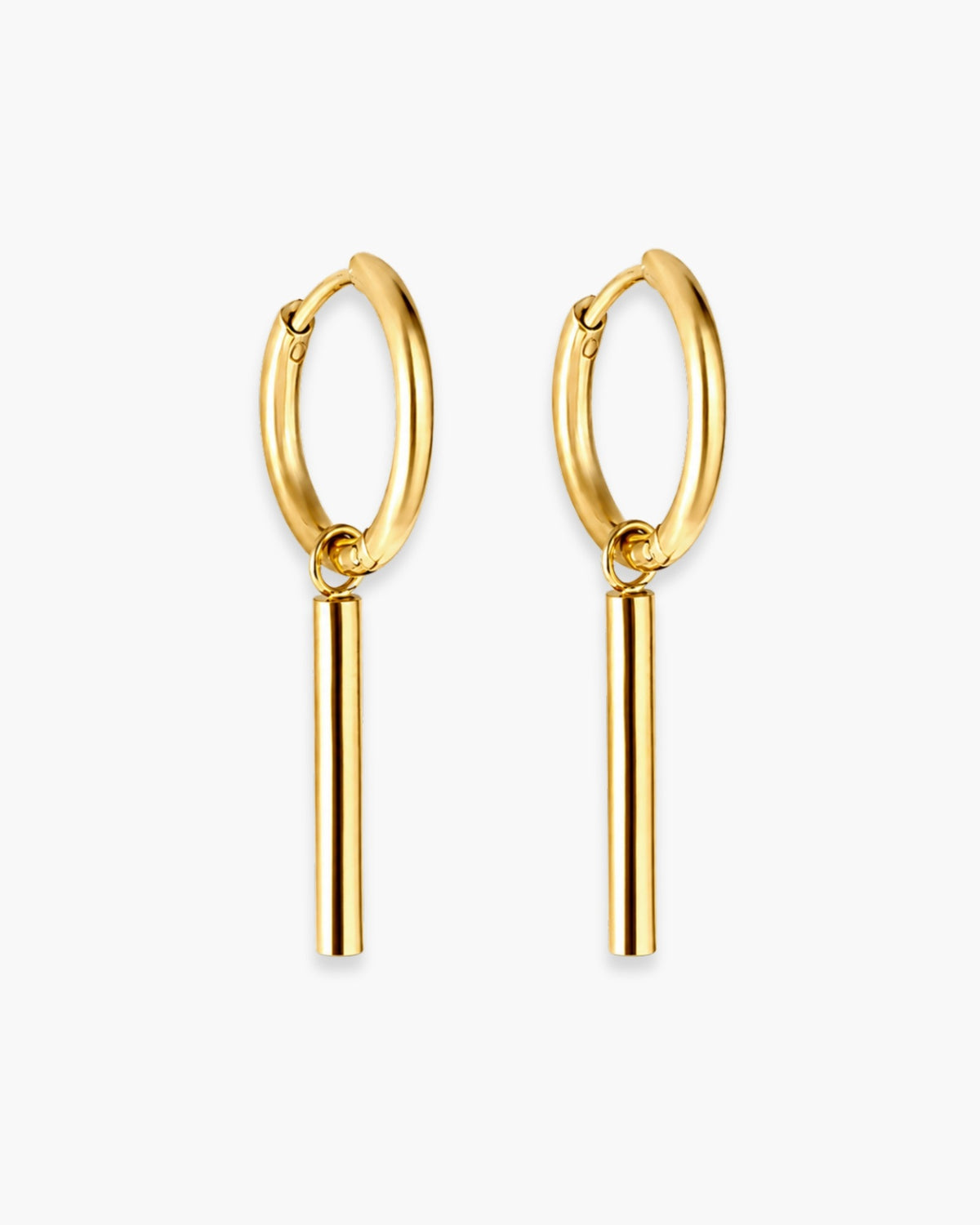 Pair of slim gold-tone hoop earrings with long polished bar drops suspended from small connecting rings.