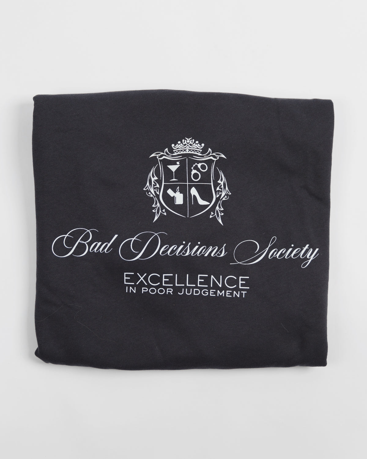 Bad Decisions Society black crewneck sweatshirt worn by a model.