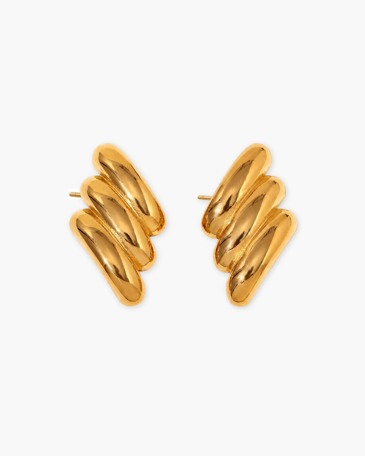 Pair of polished gold-tone statement studs with three layered elongated ridges.