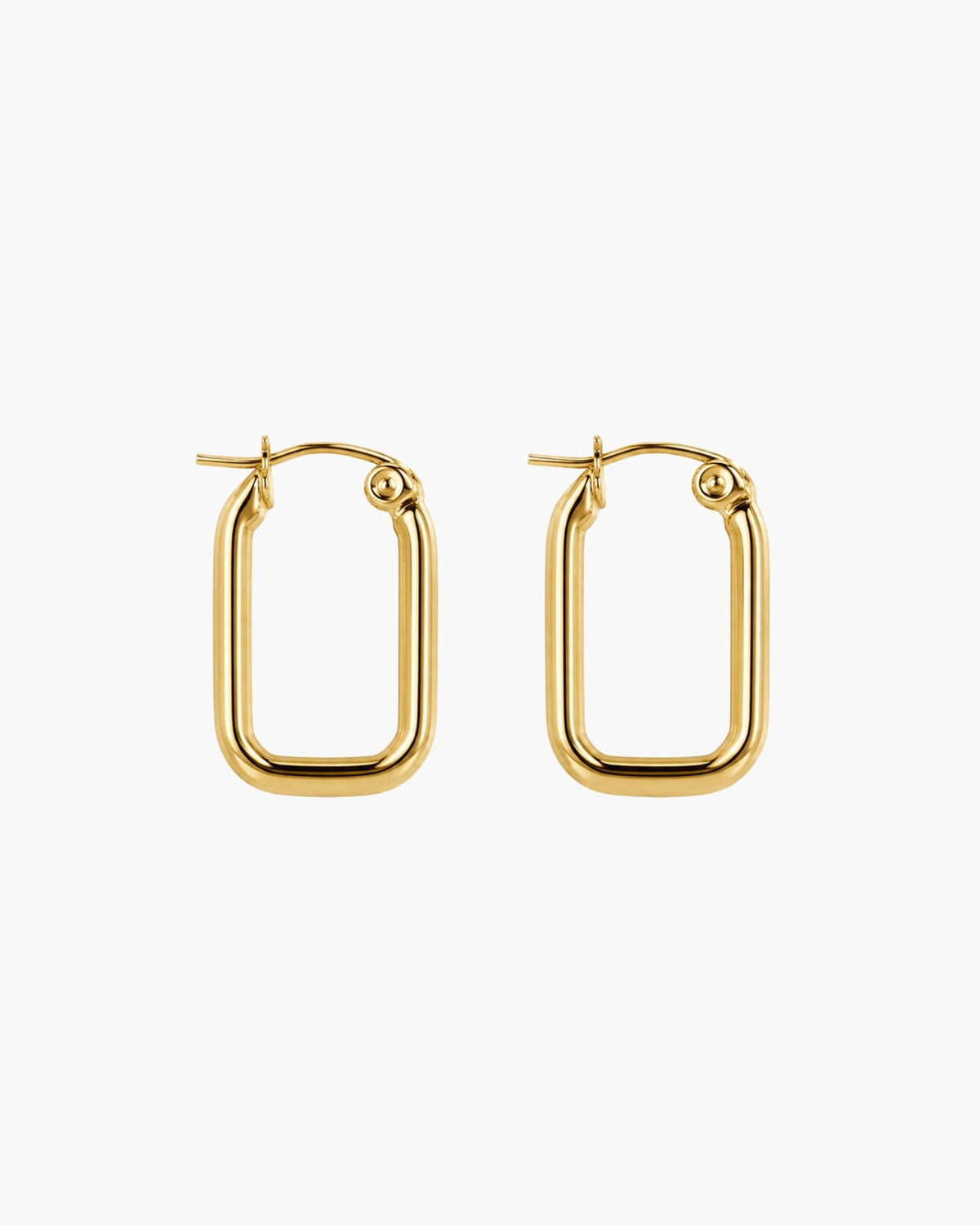 Pair of polished gold-tone elongated rectangular hoop earrings with rounded corners.