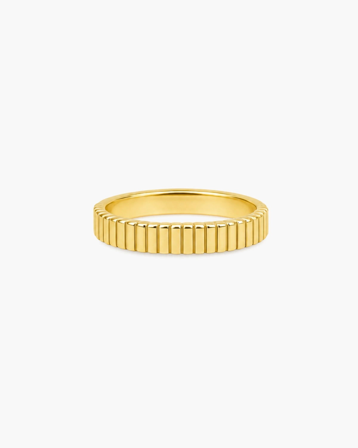 Polished gold-tone Euthenia band ring with evenly spaced vertical ridges creating a fluted texture on a white background.