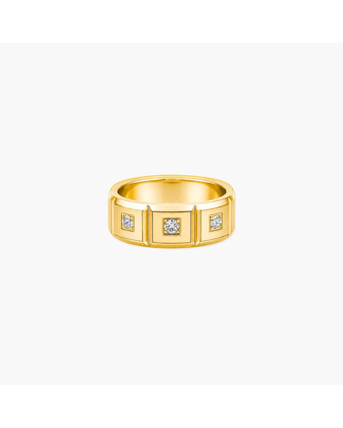 Gold-tone Jones geometric band ring with three clear square stones on a white background.