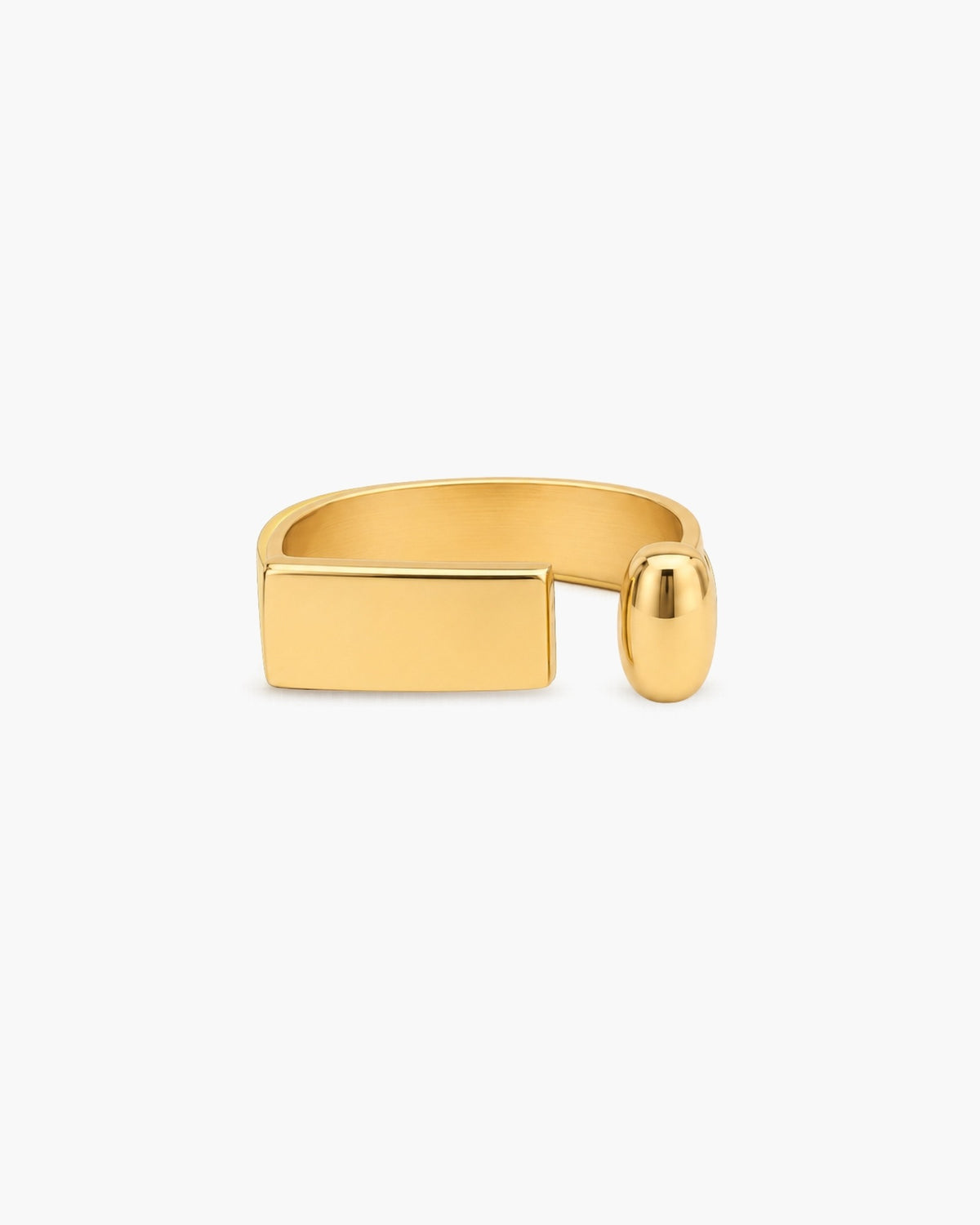 Polished gold-tone Lyra open ring with a wide rectangular end and a smooth rounded capsule-shaped end on a white background.