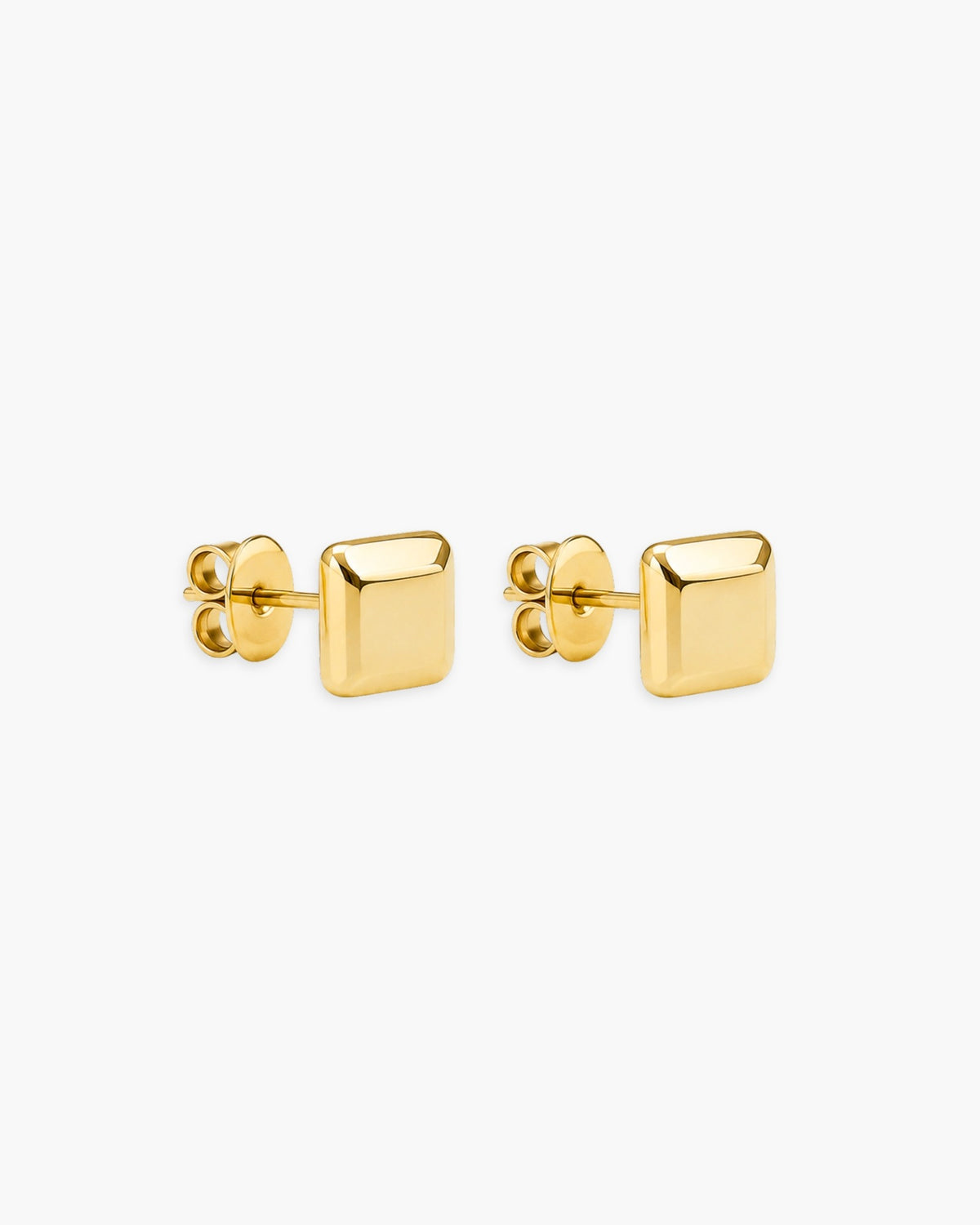 Pair of polished gold-tone square dome stud earrings.