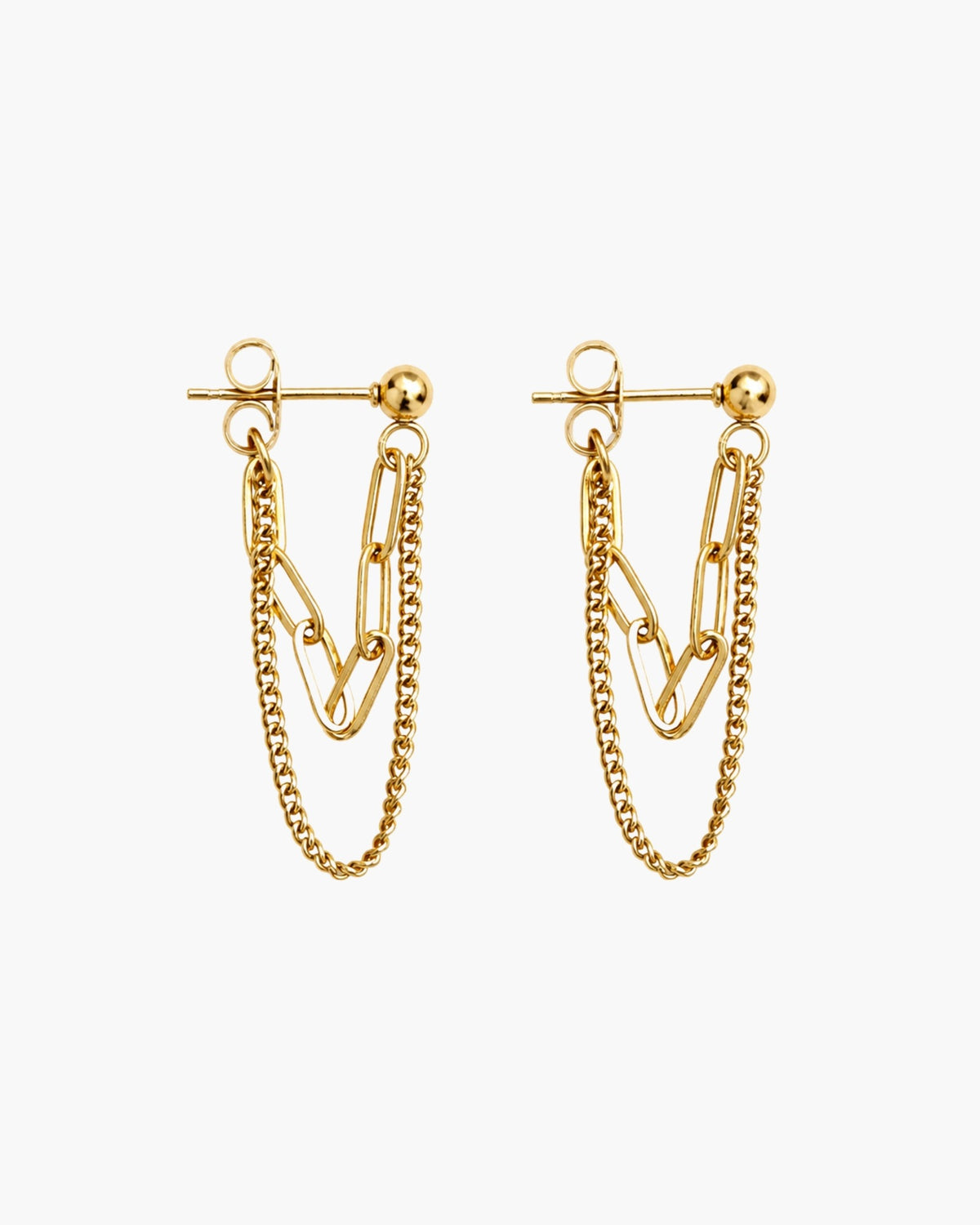 Pair of gold-tone ball stud earrings with layered curb and paperclip chains draped from front to back.