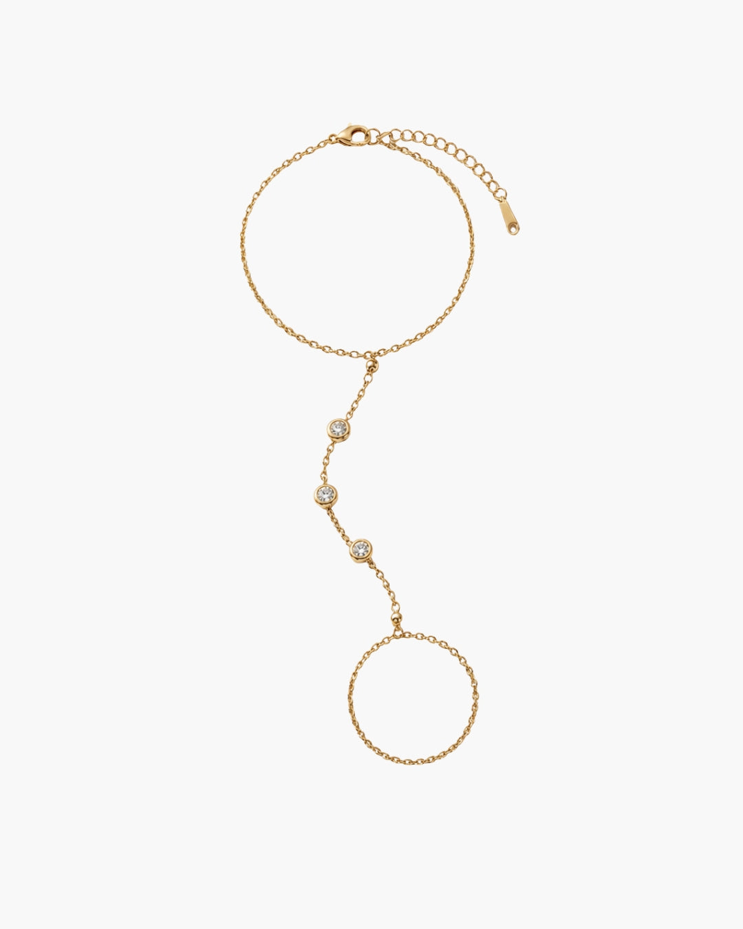 Morrigan hand chain, a gold-tone hand chain bracelet with three clear round stones, an adjustable wrist chain and a delicate finger-ring loop.