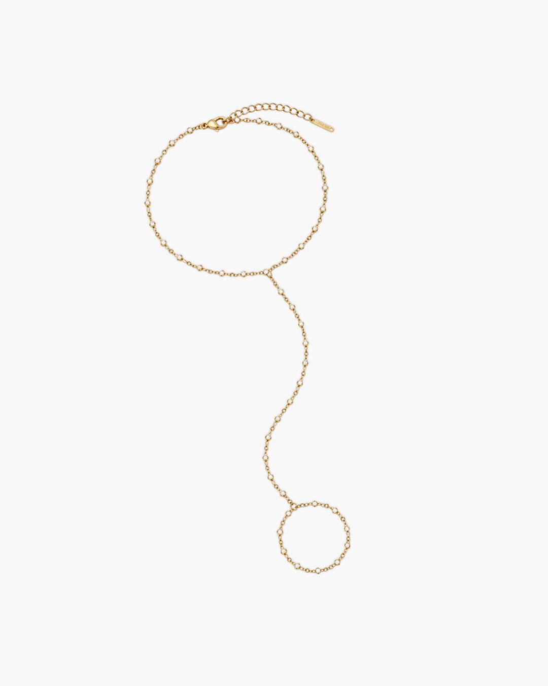 Nephele hand chain, a delicate gold-tone hand chain bracelet with an adjustable wrist chain, a fine connecting strand and a matching finger-ring loop.