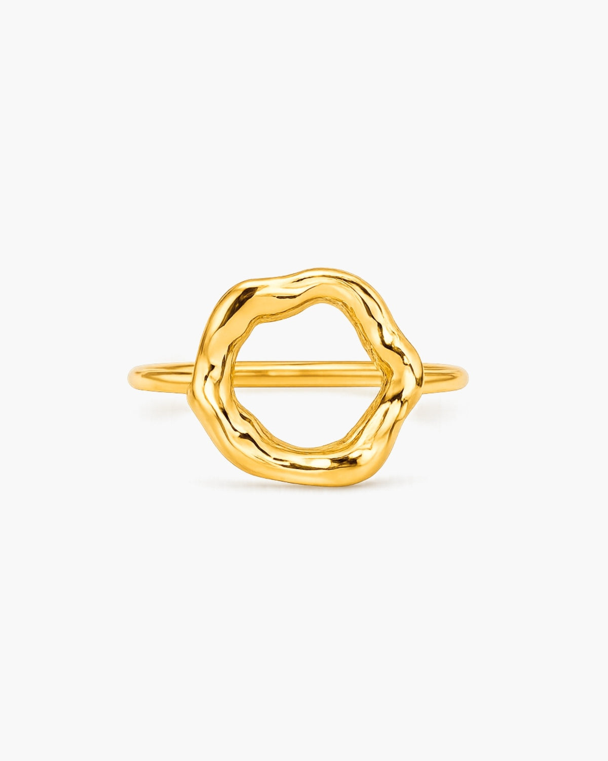 Polished gold-tone O Ring with an irregular open-circle face and fluid edges.
