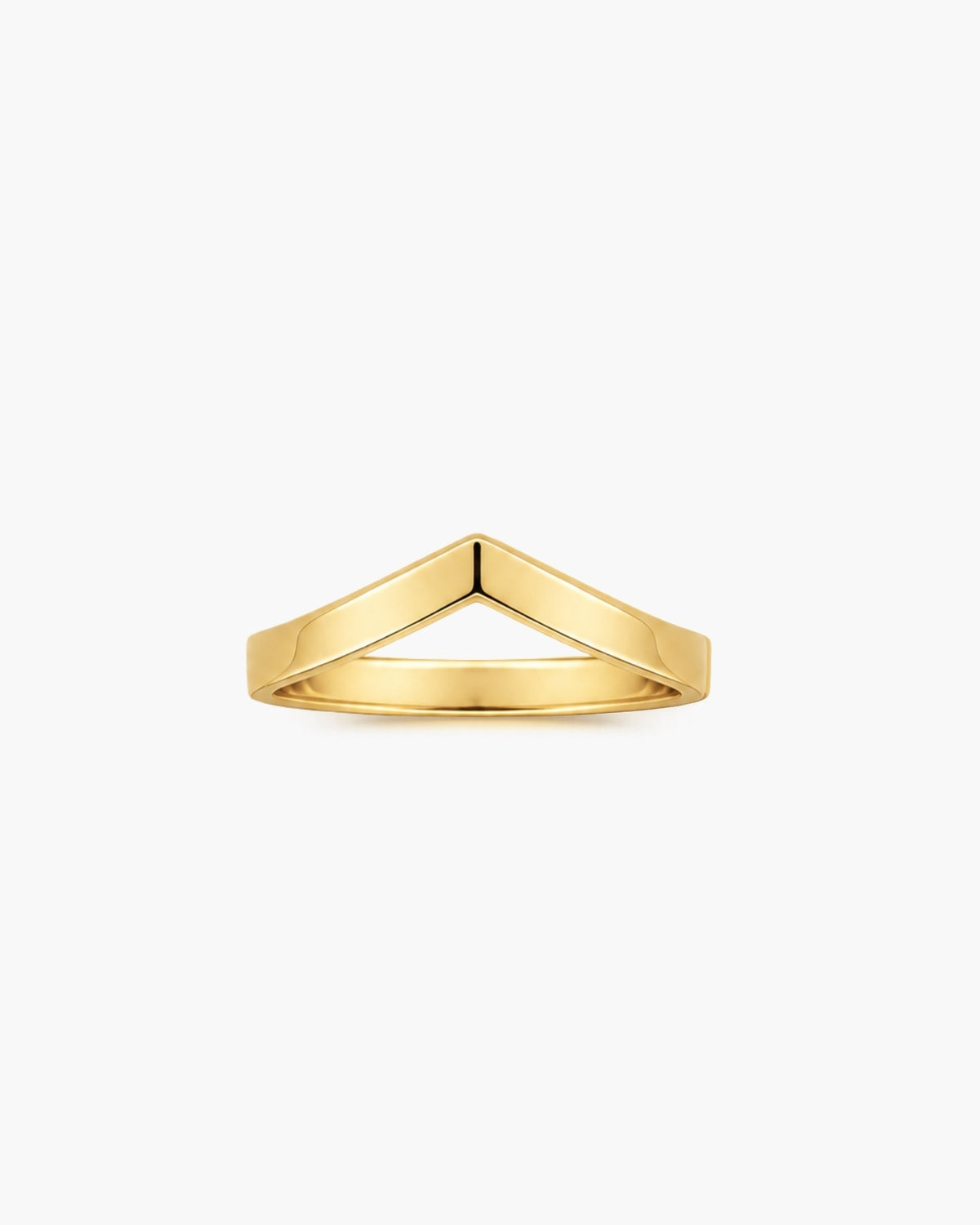 Polished gold-tone Reina chevron ring with a smooth V-shaped center and tapered band on a white background.