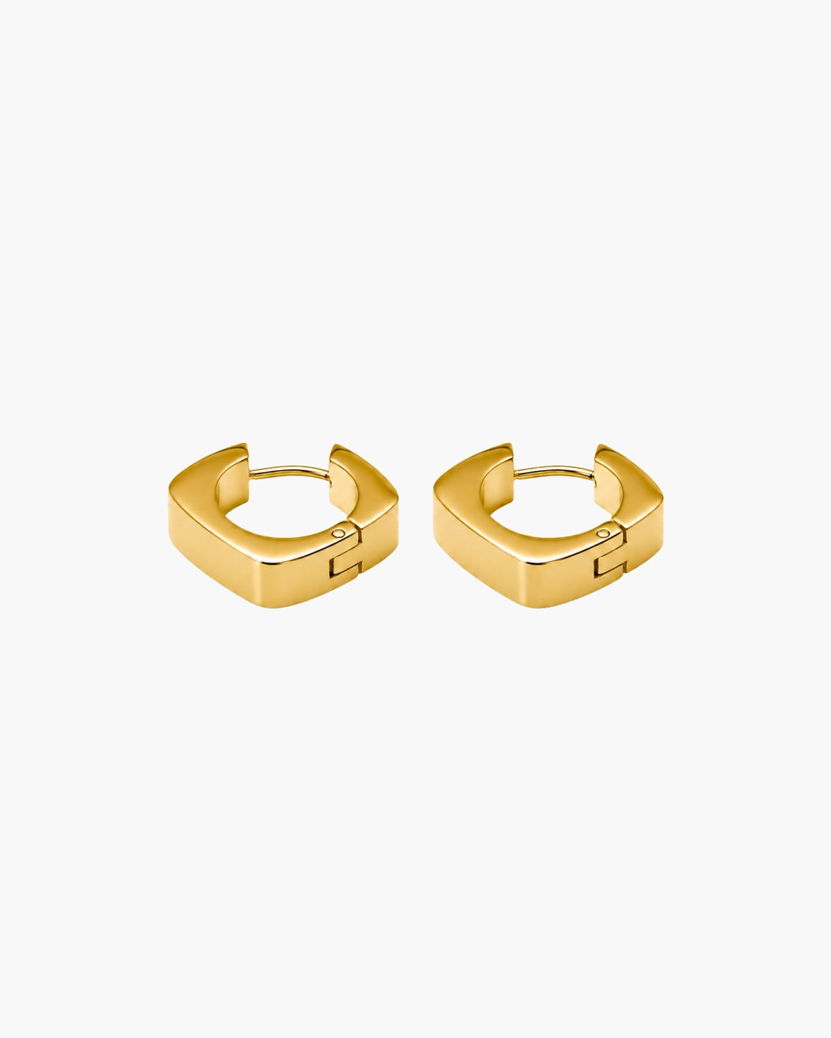 Pair of polished gold-tone square hoop earrings with softly rounded corners.