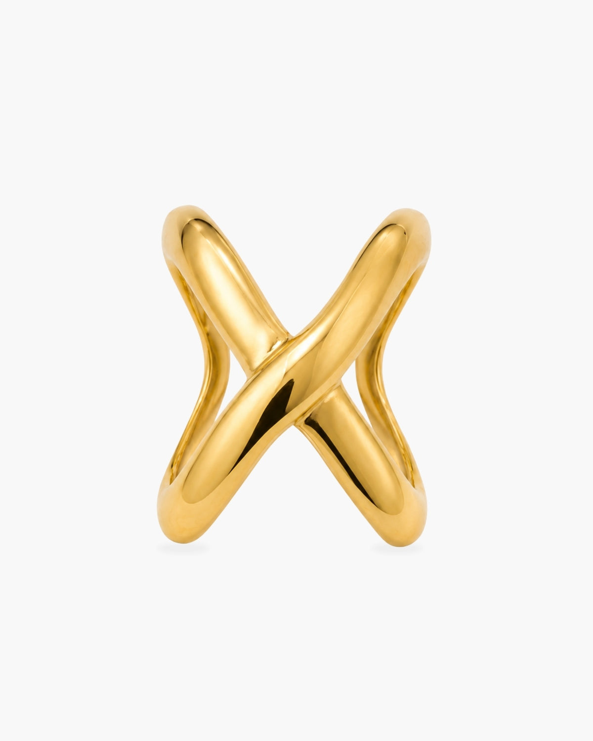 Polished gold-tone X Ring with fluid overlapping bands forming a sculptural open crossover design on a white background.