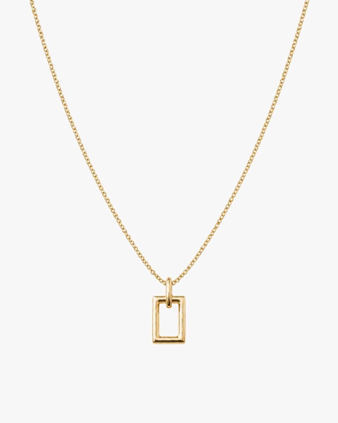 Gold-tone Zenobia pendant necklace with two stacked open rectangular frames, a fine chain, lobster clasp and adjustable extender.