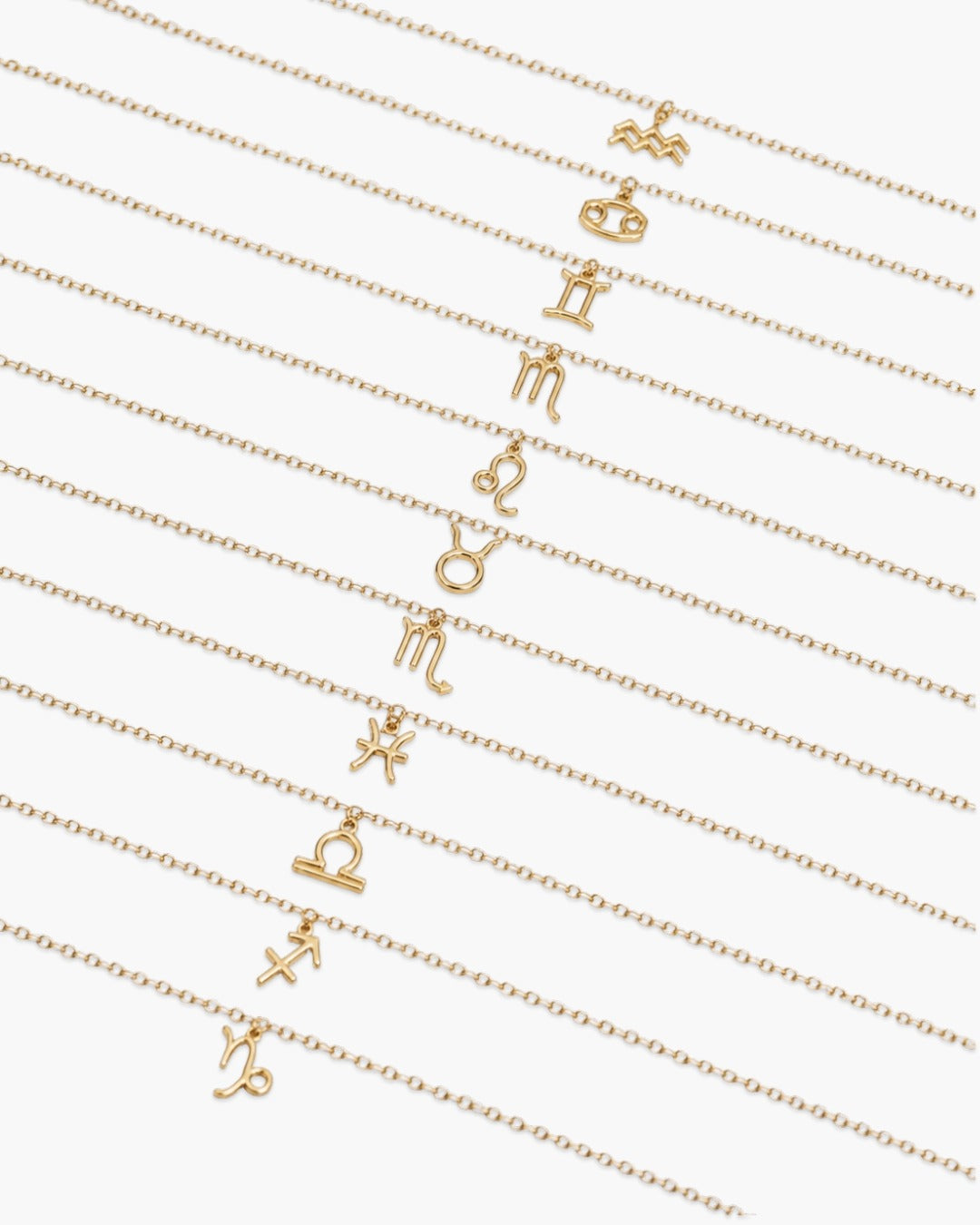 Twelve gold-tone zodiac necklaces arranged diagonally on a white background.